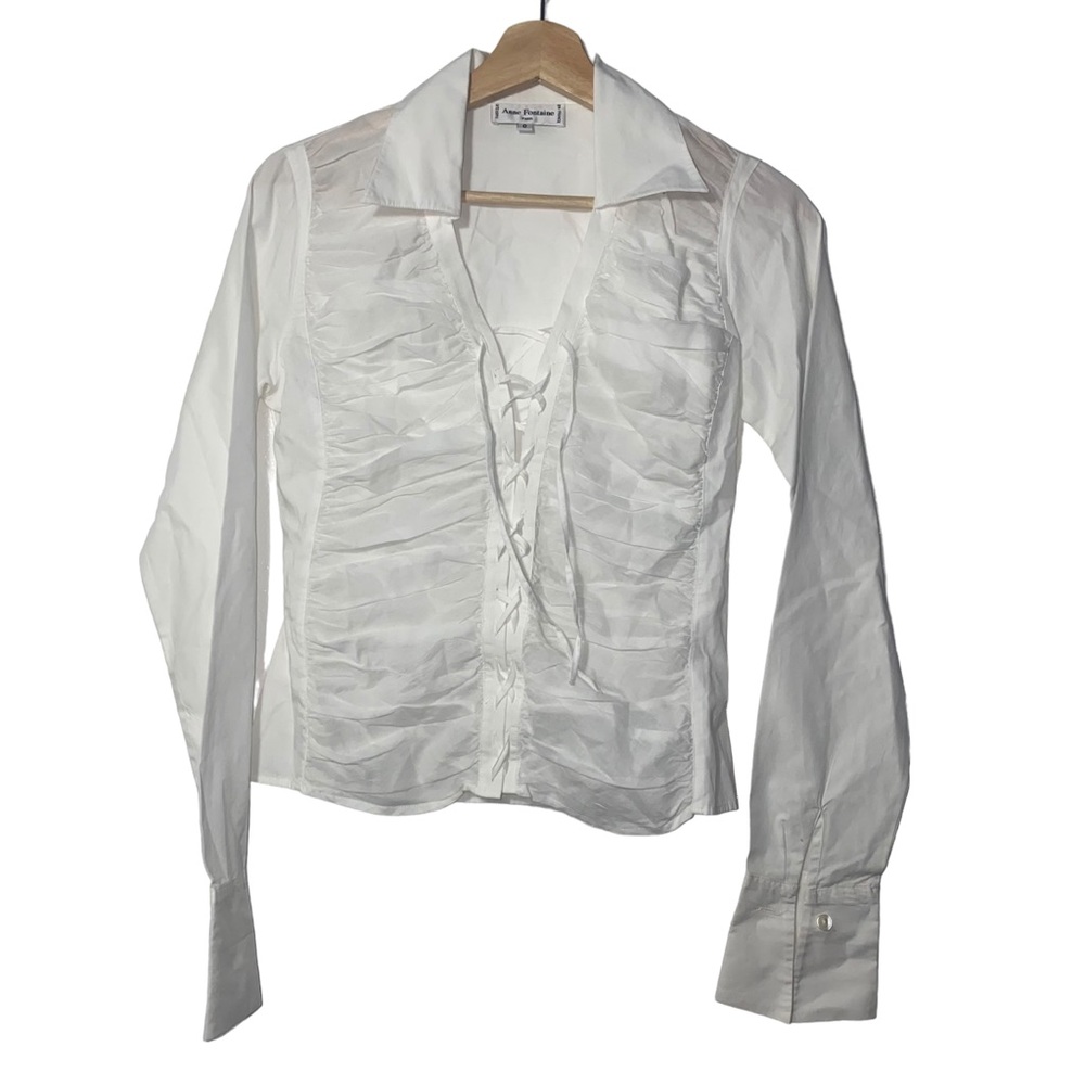 Vintage Anne Fontaine Paris White Ruched Lace Up Long Sleeve Blouse Womens 0